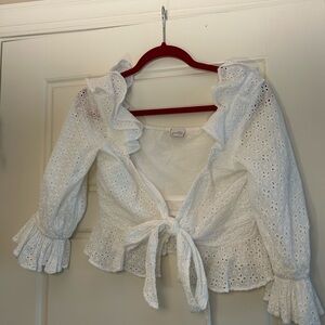 White Eyelet Ruffle Tie-Front Top